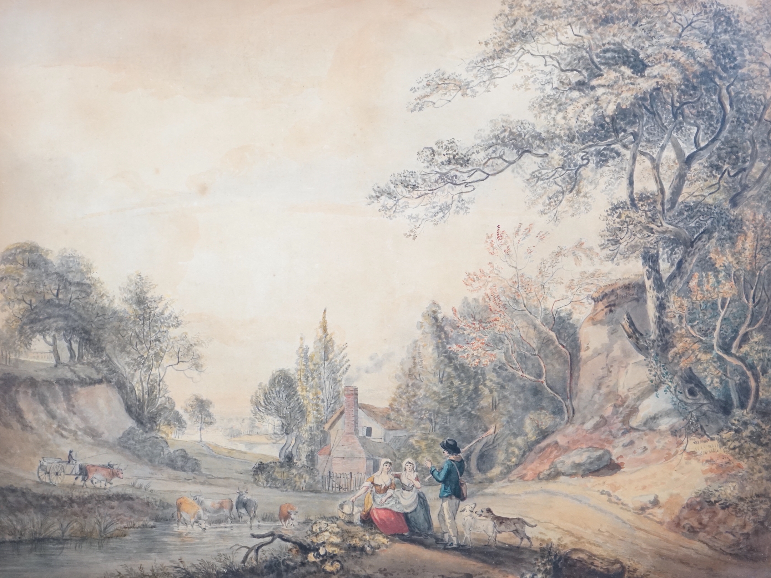 Paul Sandby RA (English, 1725-1809), A sportsman with his dogs talking with two country girls in a landscape, watercolour, 52 x 68cm